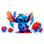 Ilustração Stitch cercado por flores coloridas e folhagens vibrantes. O personagem transmite uma sensação de alegria e encanto visual.