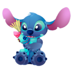 Personagem Stitch, de pele azul e orelhas grandes, segurando um brinquedo colorido e sorrindo, em fundo branco.