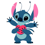 Personagem Stitch do filme Lilo & Stitch segurando um coração vermelho, com orelhas grandes e expressão fofa, representando amor e amizade.