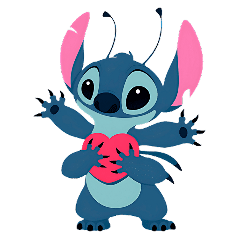 Personagem Stitch do filme Lilo & Stitch segurando um coração vermelho, com orelhas grandes e expressão fofa, representando amor e amizade.