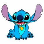 Personagem Stitch, do filme Lilo & Stitch, sorrindo e sentado, com cabelo azul e orelhas grandes e roxas, destacando sua aparência alegre e travessa.
