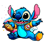 Personagem Stitch, do filme Lilo & Stitch, sorrindo e segurando uma concha dourada, com um fundo colorido e elementos espaciais, representando a diversão e a aventura.