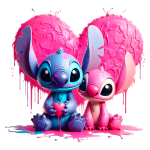 Estátuas de Stitch e Angel com um fundo de coração rosa derretido, representando amor e amizade. Ideal para temas de decoração ou presentes românticos.