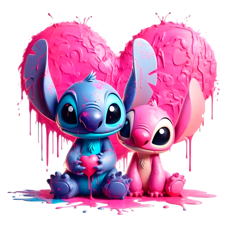 Estátuas de Stitch e Angel com um fundo de coração rosa derretido, representando amor e amizade. Ideal para temas de decoração ou presentes românticos.