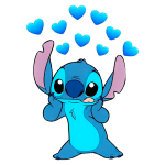 Personagem Stitch de Lilo & Stitch fazendo uma expressão fofa, com corações azuis flutuando acima dele.