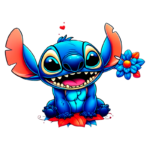 Personagem animado Stitch, de pelagem azul vibrante, sorridente e segurando uma flor, sentado sobre uma folha colorida, com coração flutuante ao fundo.