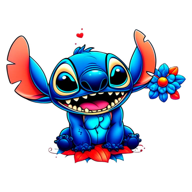 Personagem animado Stitch, de pelagem azul vibrante, sorridente e segurando uma flor, sentado sobre uma folha colorida, com coração flutuante ao fundo.