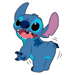 Personagem Stitch, da animação Lilo & Stitch, com pele azul, grandes orelhas e expressão alegre, exibindo uma pose divertida e brincalhona. Ideal para conteúdos relacionados a animação, cultura pop ou merchandising de filmes da Disney.