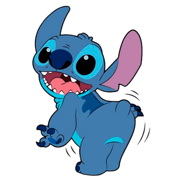 Personagem Stitch, da animação Lilo & Stitch, com pele azul, grandes orelhas e expressão alegre, exibindo uma pose divertida e brincalhona. Ideal para conteúdos relacionados a animação, cultura pop ou merchandising de filmes da Disney.