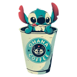 Desenho colorido de Stitch, personagem da Disney, saindo de um copo de café com o logo "Ohana Coffee". O personagem é azul com orelhas vermelhas e uma expressão divertida, transmitindo uma sensação de alegria e descontração.