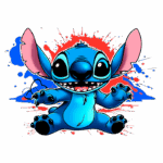 Ilustração de Stitch, personagem azul de longa orelha, sorrindo e sentado em um fundo vibrante com respingos de tinta vermelha e azul. Ideal para fãs de animações e cultura pop.