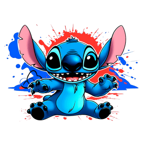 Ilustração de Stitch, personagem azul de longa orelha, sorrindo e sentado em um fundo vibrante com respingos de tinta vermelha e azul. Ideal para fãs de animações e cultura pop.