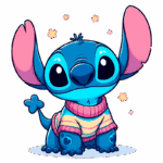 Stitch vestindo um suéter listrado colorido, sentado em um fundo verde, com estrelas flutuantes ao redor. Ideal para amantes de animações e produtos de temática infantil.