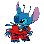 Personagem Stitch de Lilo & Stitch, com pele azul e orelhas grandes, vestindo um traje vermelho. Ele exibe um sorriso travesso, destacando suas expressões fofas e características únicas, ideal para fãs de animação e cultura pop.