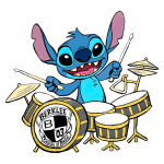 Personagem Stitch tocando bateria com logotipo da Berklee College of Music, fundo verde, estilo animado.