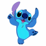 Personagem animado Stitch, de pelagem azul, com expressão alegre e braços levantados, dançando e mostrando seu lado divertido. Ideal para temas de animação e entretenimento infantil.