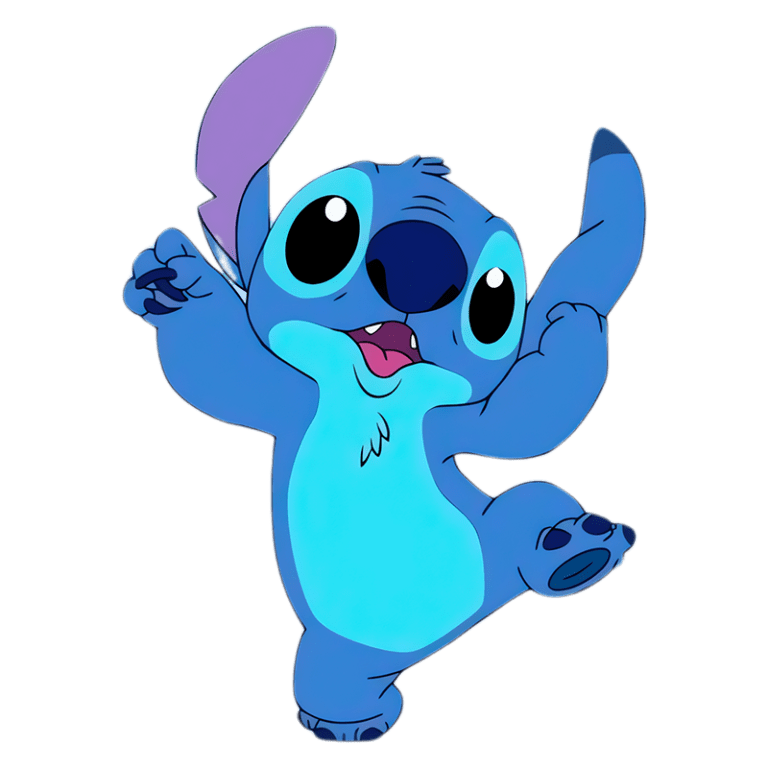 Personagem animado Stitch, de pelagem azul, com expressão alegre e braços levantados, dançando e mostrando seu lado divertido. Ideal para temas de animação e entretenimento infantil.