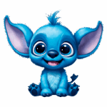 Stitch sentado em posição adorável. Ideal para conteúdo relacionado a desenhos animados, filmes infantis e produtos de entretenimento.