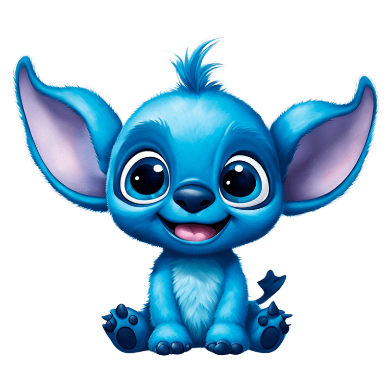 Stitch sentado em posição adorável. Ideal para conteúdo relacionado a desenhos animados, filmes infantis e produtos de entretenimento.