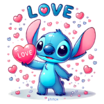 Stitch, personagem azul de desenho animado, segura um coração vermelho com a palavra "LOVE", cercado por corações coloridos em um fundo claro, ideal para temas de amor e amizade.