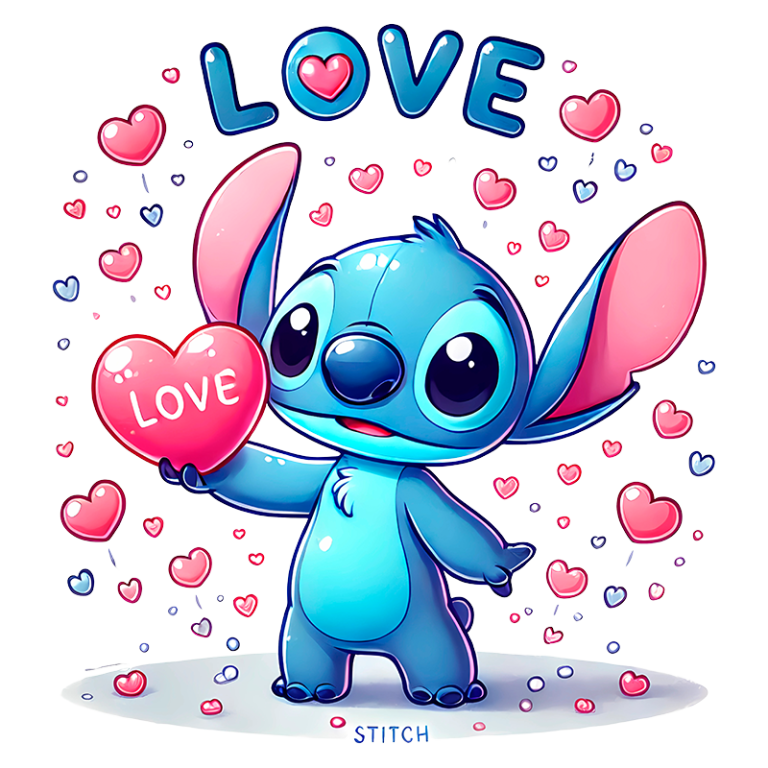 Stitch, personagem azul de desenho animado, segura um coração vermelho com a palavra "LOVE", cercado por corações coloridos em um fundo claro, ideal para temas de amor e amizade.