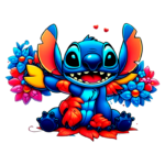 Personagem Stitch segurando flores coloridas em um fundo vibrante, transmitindo uma sensação divertida e amistosa. Ideal para temas de amizade e natureza.
