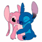 Imagem colorida de Stitch e Angel, personagens de Disney, se abraçando de forma carinhosa em um fundo verde.