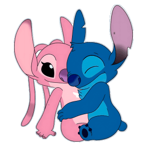 Imagem colorida de Stitch e Angel, personagens de Disney, se abraçando de forma carinhosa em um fundo verde.