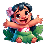 Personagem Lilo sorridente com cabelo preto e flor rosa, vestindo uma saia de folhas verdes, sentado em meio a folhas tropicais. Ideal para representar a cultura havaiana ou temas de natureza e alegria.