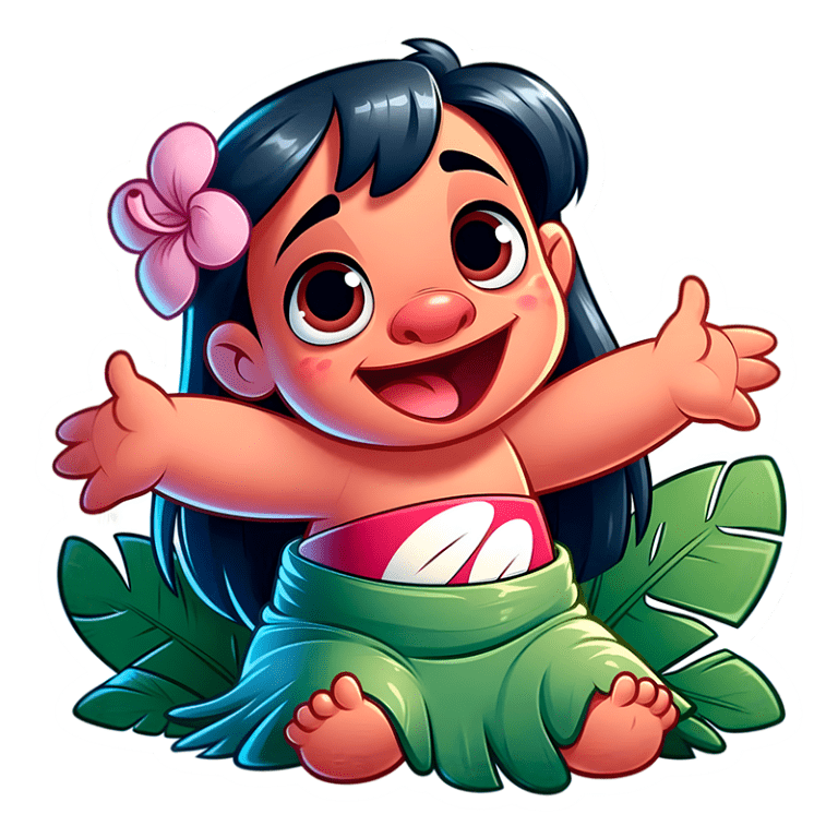 Personagem Lilo sorridente com cabelo preto e flor rosa, vestindo uma saia de folhas verdes, sentado em meio a folhas tropicais. Ideal para representar a cultura havaiana ou temas de natureza e alegria.