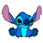 Ilustração do personagem Stitch, de pelagem azul e verde, com grandes orelhas rosas, sentado e sorrindo. Ele possui olhos grandes e expressivos, e está posicionado em um fundo verde.