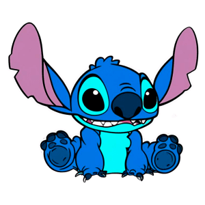 Ilustração do personagem Stitch, de pelagem azul e verde, com grandes orelhas rosas, sentado e sorrindo. Ele possui olhos grandes e expressivos, e está posicionado em um fundo verde.