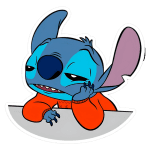 Imagem do Stitch, personagem de Disney, com expressão entediada, usando um suéter laranja, apoiado em uma mesa. Ideal para temas de animação e cultura pop.