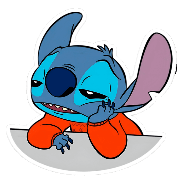 Imagem do Stitch, personagem de Disney, com expressão entediada, usando um suéter laranja, apoiado em uma mesa. Ideal para temas de animação e cultura pop.