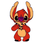 Personagem animado Stitch, de pelagem vermelha e laranja, com grandes orelhas e olhos expressivos, posando de forma divertida. Ideal para temas relacionados a desenhos animados e cultura pop.