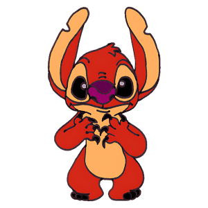 Personagem animado Stitch, de pelagem vermelha e laranja, com grandes orelhas e olhos expressivos, posando de forma divertida. Ideal para temas relacionados a desenhos animados e cultura pop.