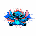 Personagem Stitch da Disney com fundo colorido em explosão, exibindo sorriso e braços abertos, representando diversão e amizade.