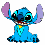 Personagem Stitch, da Disney, com pele azul e grandes orelhas, sentado e sorrindo, destacando seus olhos expressivos e dentes visíveis. Ideal para conteúdos sobre filmes de animação e personagens icônicos.