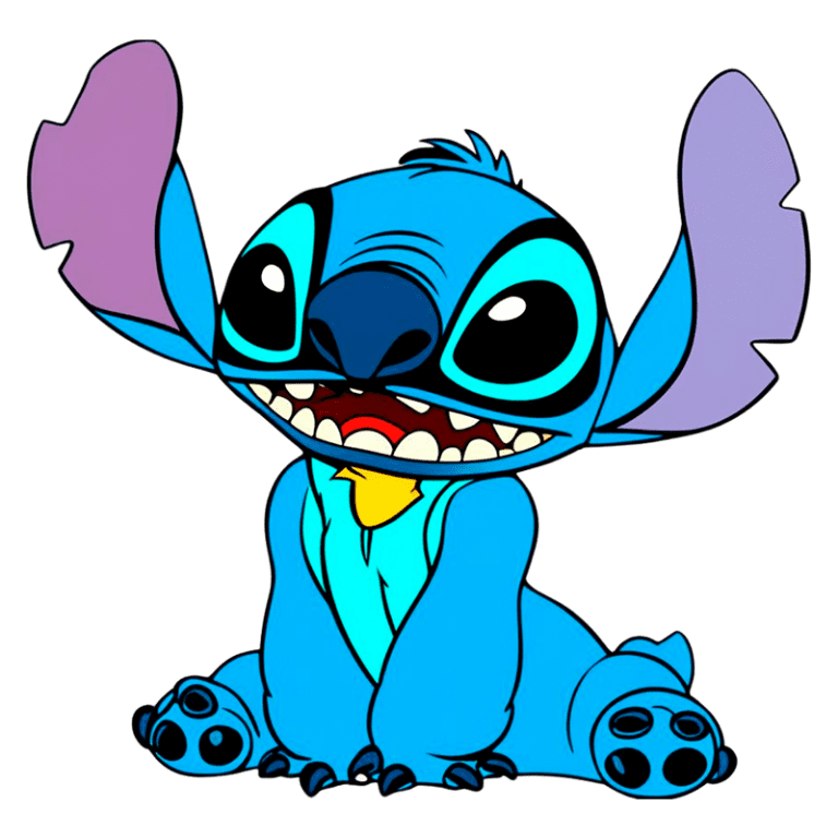 Personagem Stitch, da Disney, com pele azul e grandes orelhas, sentado e sorrindo, destacando seus olhos expressivos e dentes visíveis. Ideal para conteúdos sobre filmes de animação e personagens icônicos.