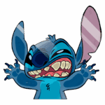 Personagem Stitch, da Disney, com expressão divertida e braços abertos, exibindo um sorriso largo e dentes尖.