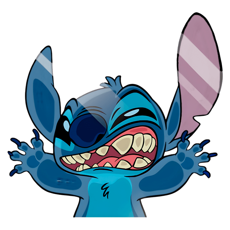 Personagem Stitch, da Disney, com expressão divertida e braços abertos, exibindo um sorriso largo e dentes尖.
