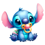 Personagem de pelúcia do Stitch, com grandes orelhas rosa e olhos expressivos, segurando uma chupeta, em um fundo vibrante e colorido. Ideal para produtos infantis e decoração temática.