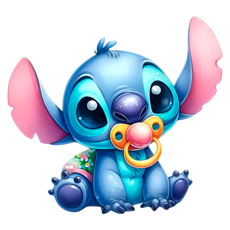 Personagem de pelúcia do Stitch, com grandes orelhas rosa e olhos expressivos, segurando uma chupeta, em um fundo vibrante e colorido. Ideal para produtos infantis e decoração temática.