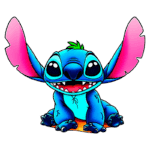 Imagem de Stitch, personagem da Disney, com pele azul e orelhas grandes rosa, sorrindo e sentado em um fundo verde. Ideal para fãs de animações e cultura pop.