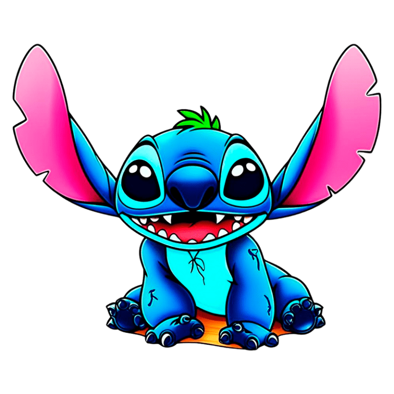 Imagem de Stitch, personagem da Disney, com pele azul e orelhas grandes rosa, sorrindo e sentado em um fundo verde. Ideal para fãs de animações e cultura pop.