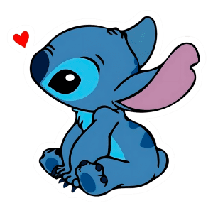 Stitch com grandes olhos e orelhas longas, sentado com um coração acima da cabeça, representando um estilo fofo e cativante. Ideal para produtos de artesanato e ilustrações infantis.