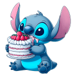 Stitch segurando um bolo branco coberto com morangos, demonstrando uma expressão alegre enquanto come. Ideal para temas de festa, animação e doces.