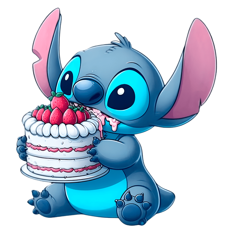 Stitch segurando um bolo branco coberto com morangos, demonstrando uma expressão alegre enquanto come. Ideal para temas de festa, animação e doces.
