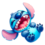 Personagem animado Stitch, de cor azul vibrante, mostrando um sorriso largo com dentes expostos, deitado de costas e com as patas para cima, em um fundo branco.