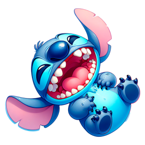 Personagem animado Stitch, de cor azul vibrante, mostrando um sorriso largo com dentes expostos, deitado de costas e com as patas para cima, em um fundo branco.